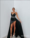 Sexy Black Beading V-Neck Spaghetti Strap Side Slit Long Mermaid Prom Dresses,ZX54