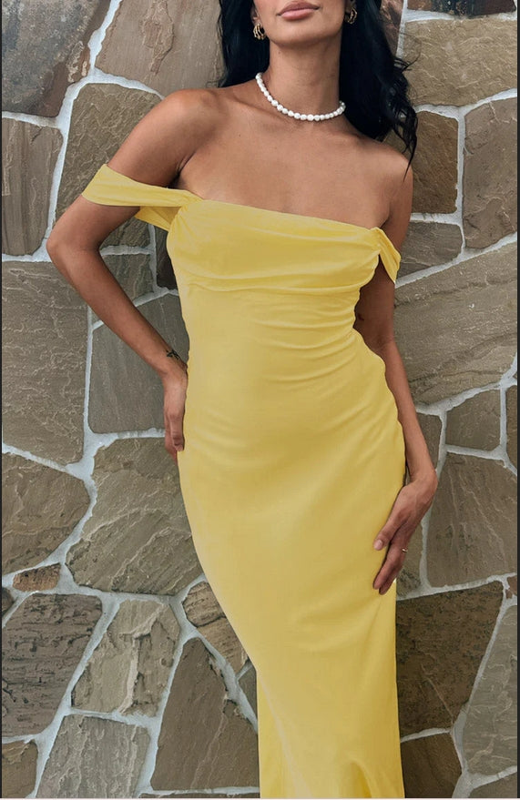 Simple Lemon Yellow Off Shoulder Backless Straight Across Long Prom Dresses,ZX58