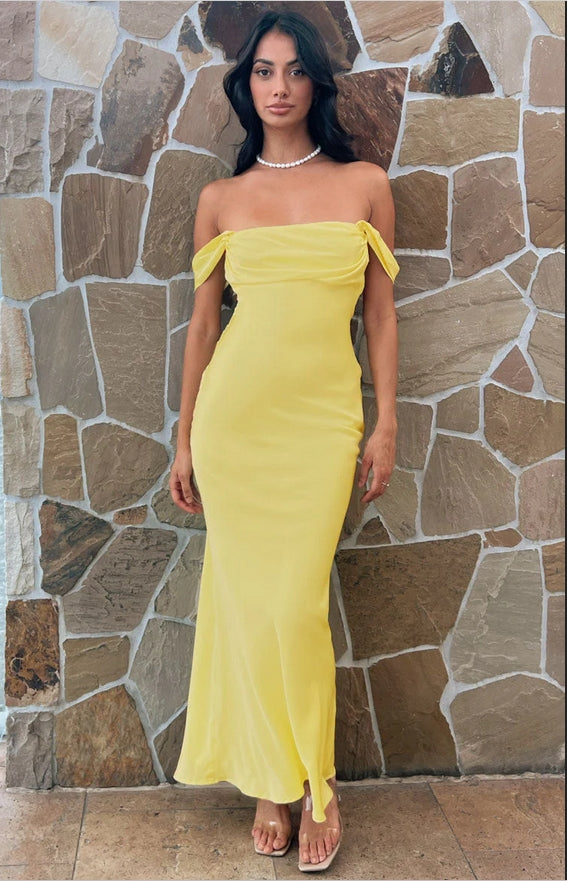 Simple Lemon Yellow Off Shoulder Backless Straight Across Long Prom Dresses,ZX58