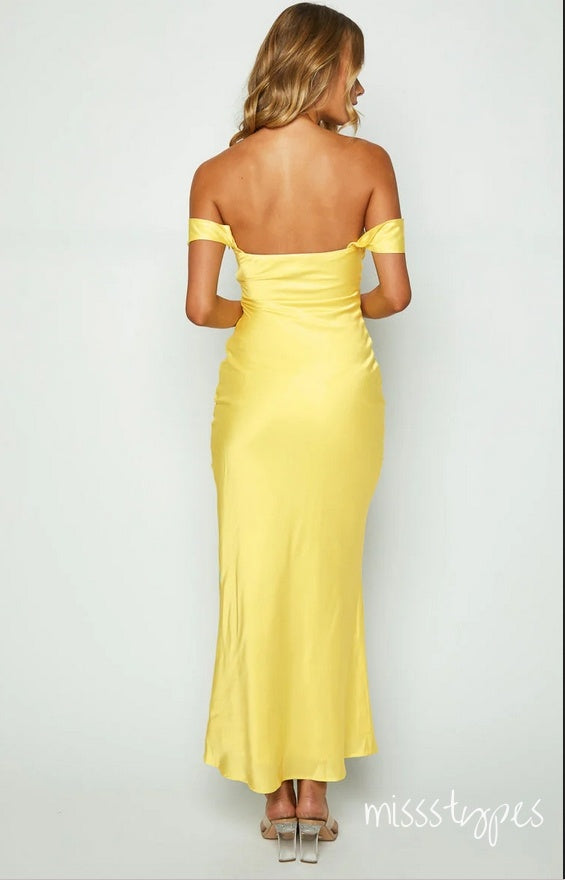 Simple Lemon Yellow Off Shoulder Backless Straight Across Long Prom Dresses,ZX58