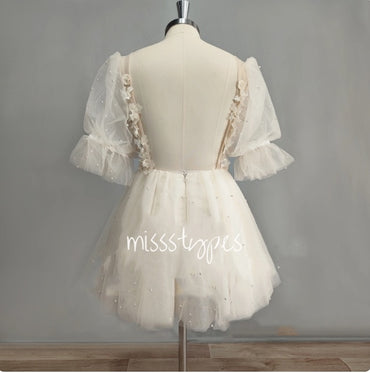 White Simple Tulle Half Sleeve Popular Long Little Flower Girl Dresses, ET28