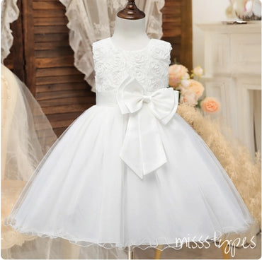 White Bow Empire Appliqued A-Line Tulle Popular Little Flower Girl Dresses, ET30