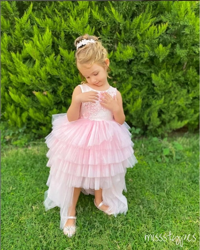 Elegant Pink Appliqued Round-Neck Tulle Long Little Flower Girl Dresses, ET19