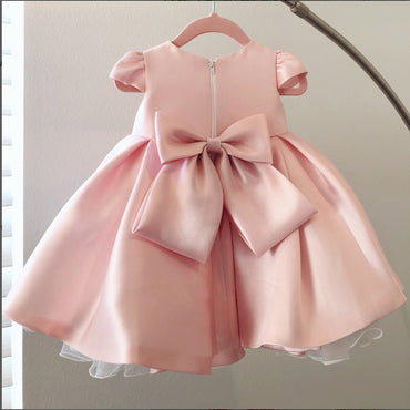 Soft Satin Bow Pearl-Pink A-Line Long Little Flower Girl Dresses, ET22