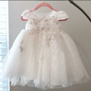 Vintage Lvory Appliqued Flower Round-Neck Tulle  Little Flower Girl Dresses, ET25