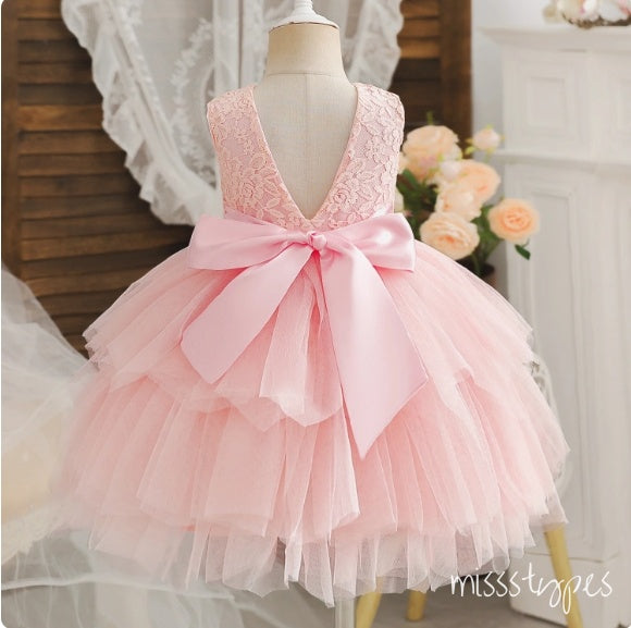 Beautiful Pink Appliqued Flower Round-Neck Tulle  Little Flower Girl Dresses, ET24