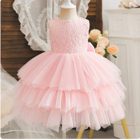 Beautiful Pink Appliqued Flower Round-Neck Tulle  Little Flower Girl Dresses, ET24