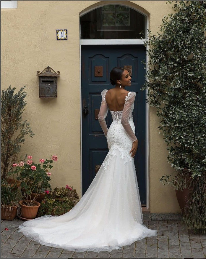 Sexy White Strapless Tulle Appliqued Mermaid Floor-Length Elegant Wedding Dresses HS19