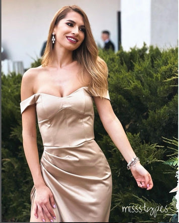 Bodycon Elegant Champagne Off Shoulder Side Slit Mermaid Prom Dresses,ZX64
