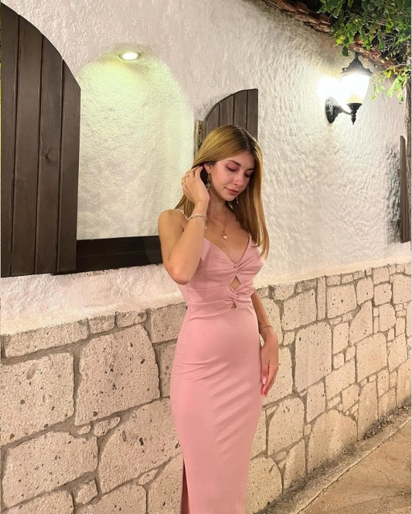 Hot-Pink Soft Young Spaghetti Strap V-Neck Tea-Length Mermaid Prom Dresses,ZX67