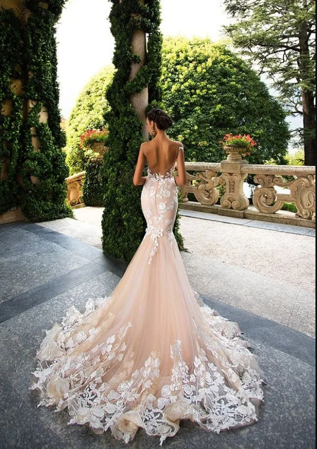 Women Champagne Off Shoulder Lace Appliqued With Tail Mermaid Wedding Dresses HS26