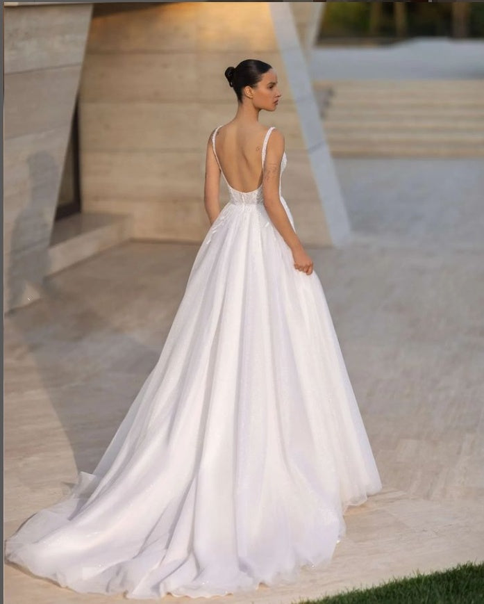 Sexy Beading Spaghetti Strap V-Neck Backless Side Slit Empire Mermaid Wedding Dresses HS36