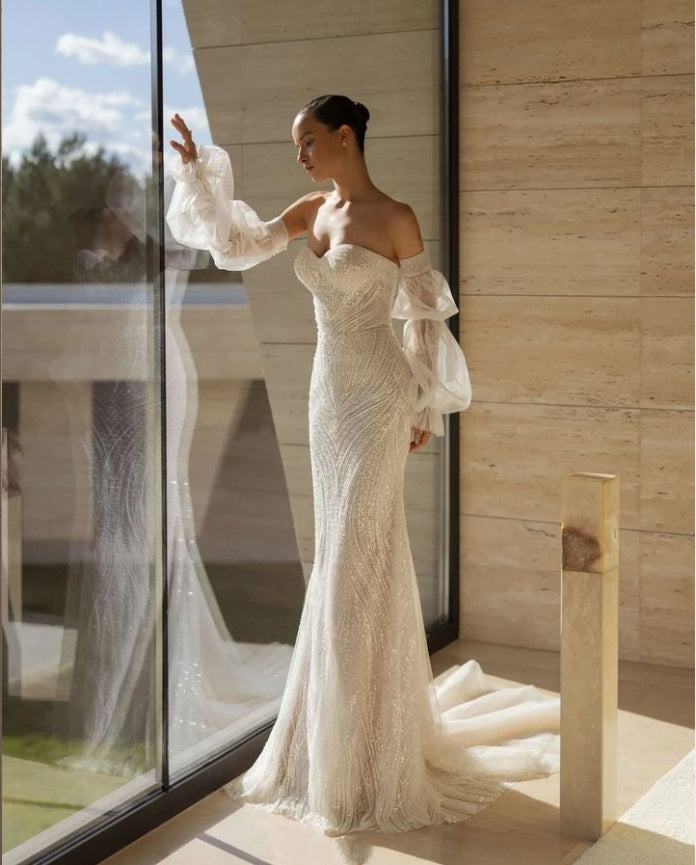 Vintage White Appliqued Mermaid Sweetheart Strapless Floor-Length Elegant Wedding Dresses HS24