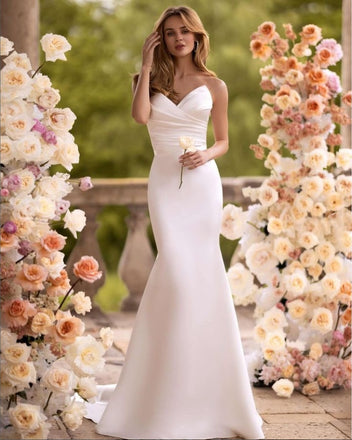 Simple Sweetheart Off-White Pleat Strapless Floor-Length Mermaid Wedding Dresses HS31