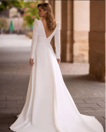 White Elegant V-Neck Side Slit Full Sleeve With Tail Mermaid Wedding Dresses HS27