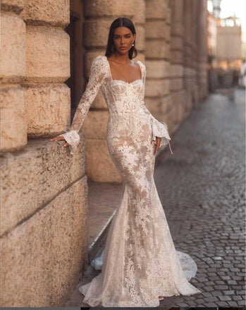 White Elegant Square Full Sleeve With Tail Appliqued Bodycon Mermaid Wedding Dresses HS34