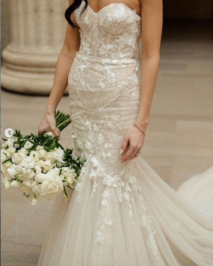 Champagne Sweetheart Appliqued Long Strapless Mermaid Wedding Dresses HS40