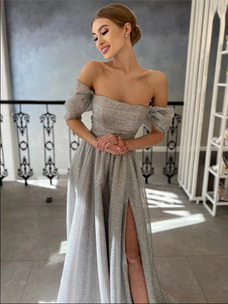 Women Sliver Off Shoulder Straight Across Side Slit Long Mermaid Prom Dresses,ZX85