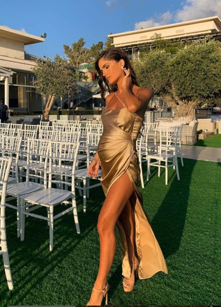 Simple Champagne Strapless Side Slit Long Mermaid Prom Dresses,ZX88