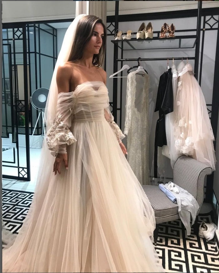 Beautiful White Off Shoulder Appliqued Side Slit Long A-Line With Tail Wedding Dresses HS43