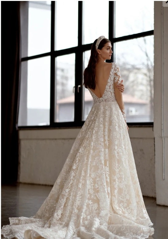 Elegant White V-Neck Full Sleeve Appliqued Long A-Line Wedding Dresses HS42