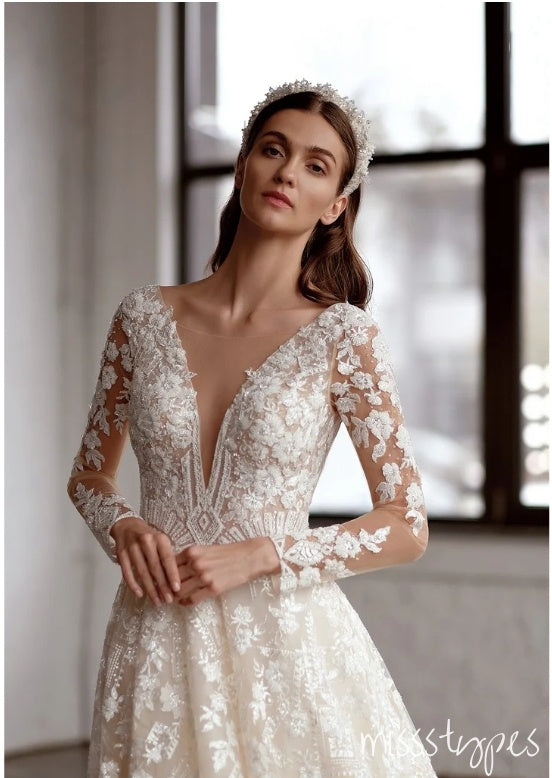 Elegant White V-Neck Full Sleeve Appliqued Long A-Line Wedding Dresses HS42