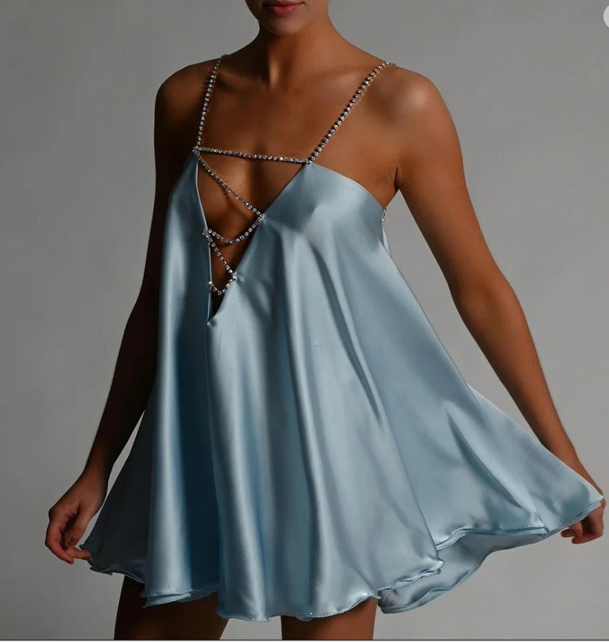 Simple Women Party Rhinestone Satin Soft V-Neck Mini Homecoming Dresses, HM40