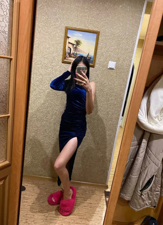 Gorgeous Blue One Shoulder Long Mermaid Velvet Fashion Prom Dresses,ZX91