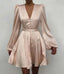 Champagne V-Neck Full Sleeve Vintage Modest Empire Mini Homecoming Dresses, HM49