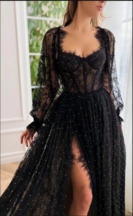 Black Alluring Full Sleeve Sweetheart Long A-Line Fashion Prom Dresses,ZX113