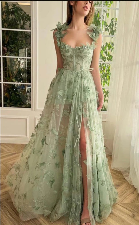 Cozy Green Side Slit Spaghetti Strap Floor-Length Prom Dresses,ZX106