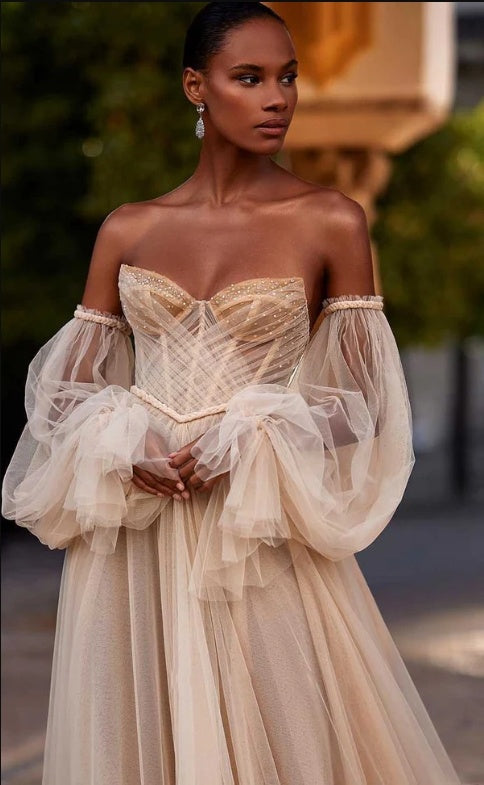 Vintage Champagne Off Shoulder Sweetheart Long A-Line Wedding Dresses HS61