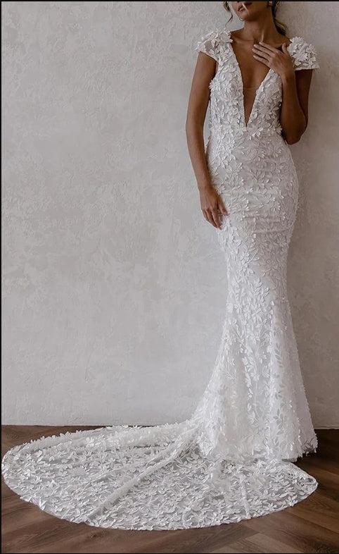 Sexy White V-Neck Cap Sleeve Appliqued Sweep Trailing Long Mermaid Wedding Dresses HS57