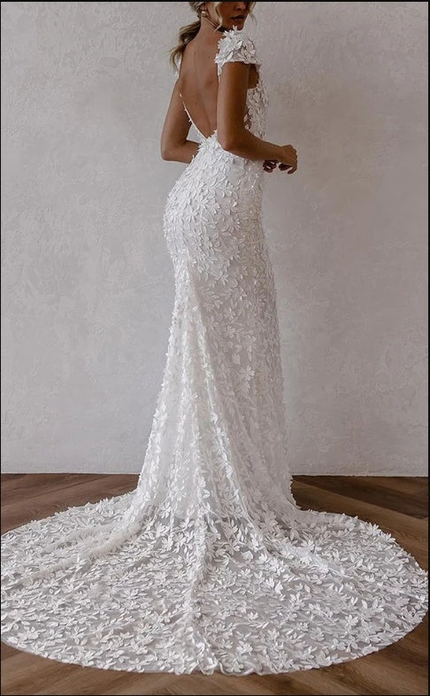 Sexy White V-Neck Cap Sleeve Appliqued Sweep Trailing Long Mermaid Wedding Dresses HS57