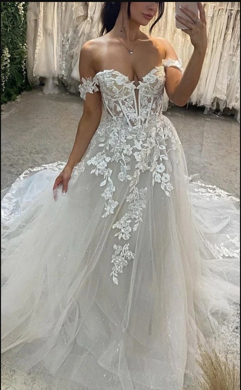 Gorgeous White Off Shoulder Appliqued Flower Sweep Trailing Long Mermaid Wedding Dresses HS56