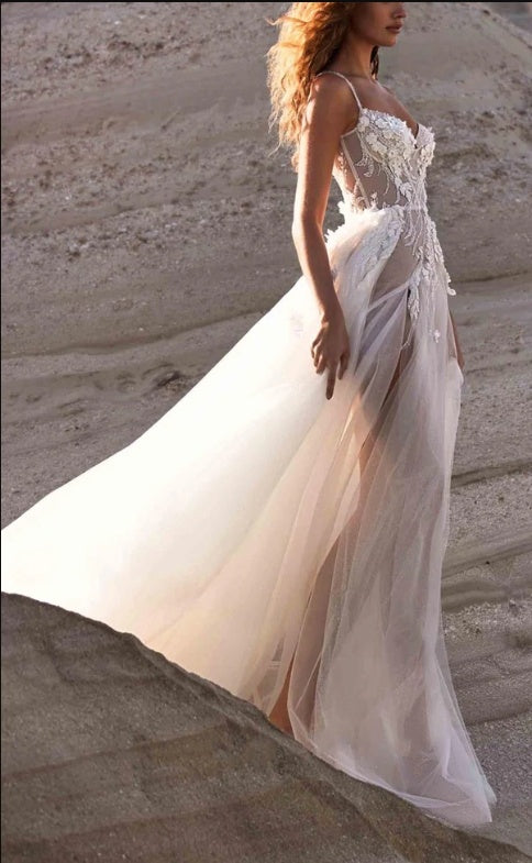 Sexy One Shoulder Appliqued Spaghetti Strap Empire Side Slit A-Line Wedding Dresses HS60