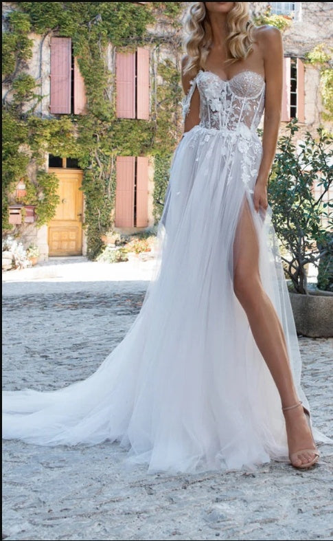 Sexy One Shoulder Appliqued Sweetheart Side Slit A-Line Wedding Dresses HS59