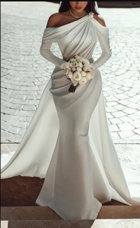 Asymmetrical White Full Sleeve Soft Women Long Mermaid Wedding Dresses HS58