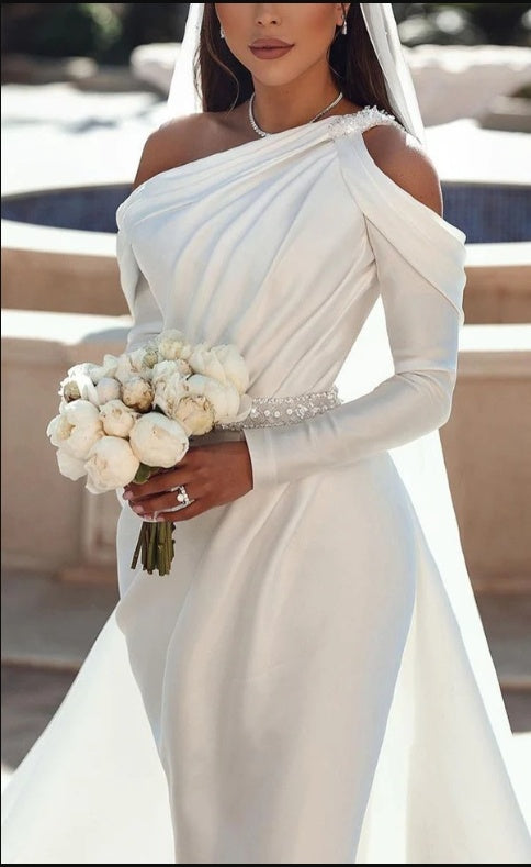 Asymmetrical White Full Sleeve Soft Women Long Mermaid Wedding Dresses HS58