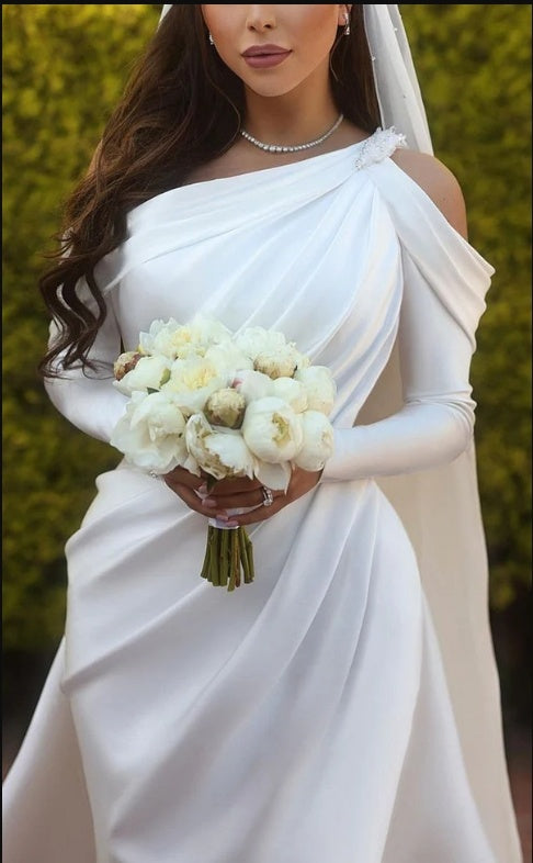 Asymmetrical White Full Sleeve Soft Women Long Mermaid Wedding Dresses HS58