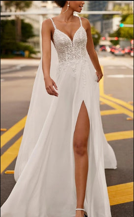 Sparkly White Side Slit Sweetheart Appliqued Beaded Long Mermaid Wedding Dresses HS55
