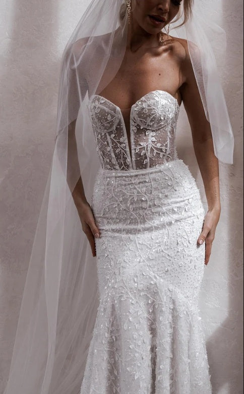 Bodycon Lady Beaded White Yarn Tulle Spaghetti Strap Mermaid Wedding Dresses HS63