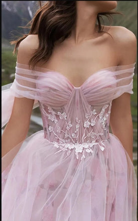 Dreamy Pink Off Shoulder Highwaist Empire Tulle Floor-Length Prom Dresses,ZX107