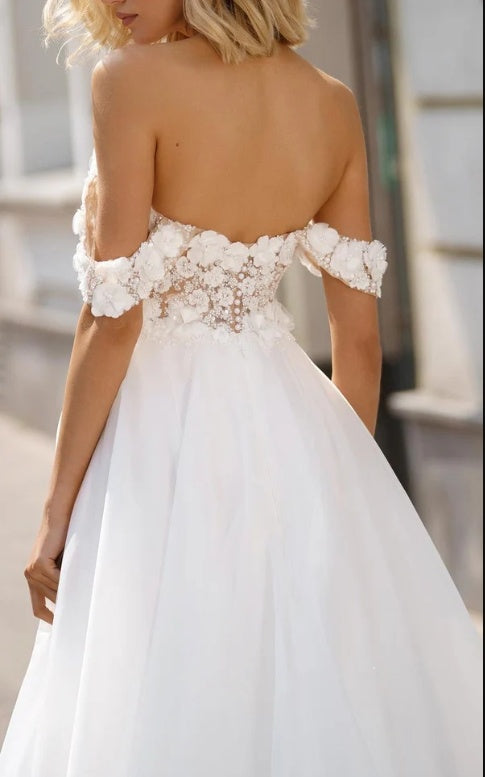 Elegant Soft Off Shoulder Sweetheart Appliqued Backless Long Mermaid Wedding Dresses HS54