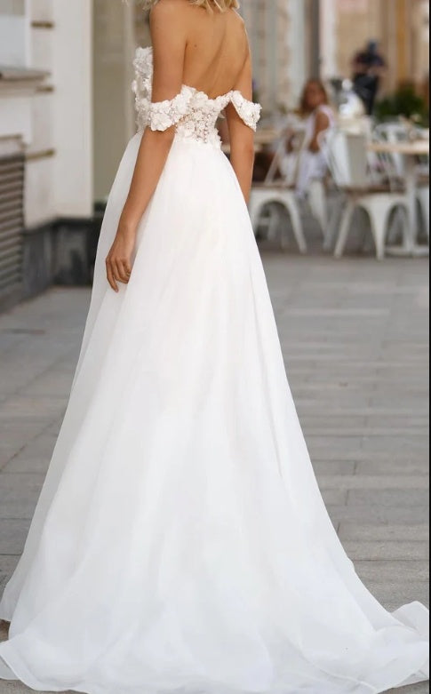 Elegant Soft Off Shoulder Sweetheart Appliqued Backless Long Mermaid Wedding Dresses HS54