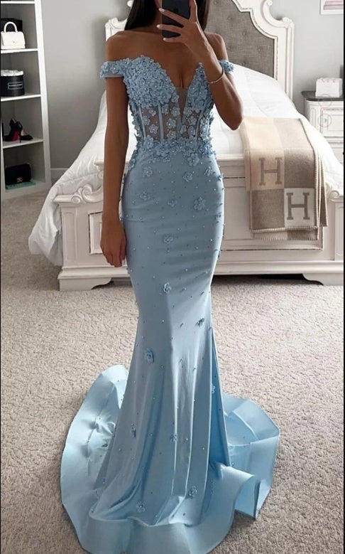 Elegant Blue V-Neck Flower Appliqued Floor-Length Prom Dresses,ZX108