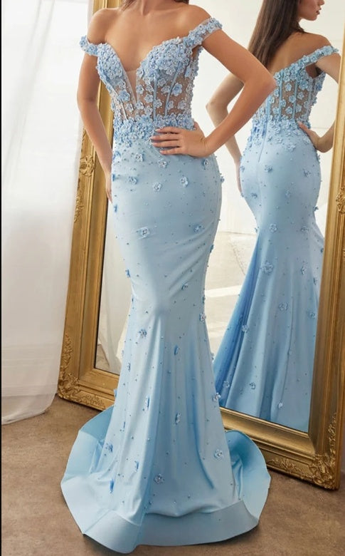 Elegant Blue V-Neck Flower Appliqued Floor-Length Prom Dresses,ZX108