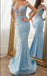 Elegant Blue V-Neck Flower Appliqued Floor-Length Prom Dresses,ZX108