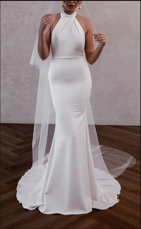 Simple White Halter Backless Mermaid Long Fashion Wedding Dresses,HS70