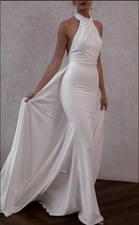 Simple White Halter Backless Mermaid Long Fashion Wedding Dresses,HS70